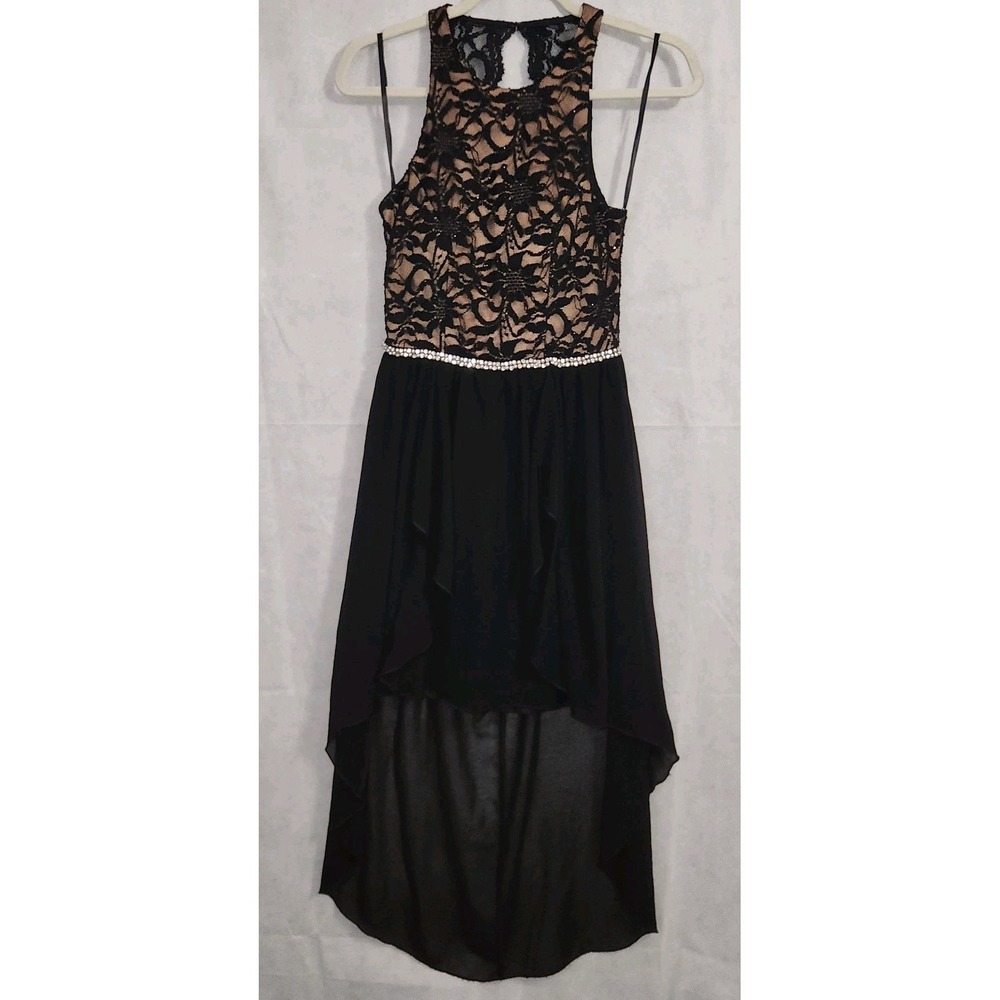 City Studio Juniors 5 Black Lace Chiffon High Low Prom Formal Rhinestone Dress